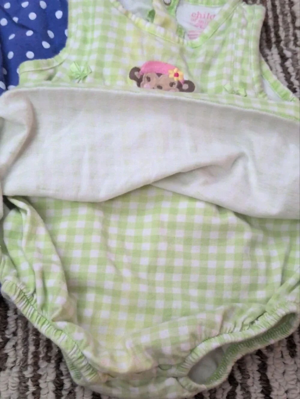 Carter's Purple Polka Dot Baby Romper & Green Checked Monkey Bodysuit.